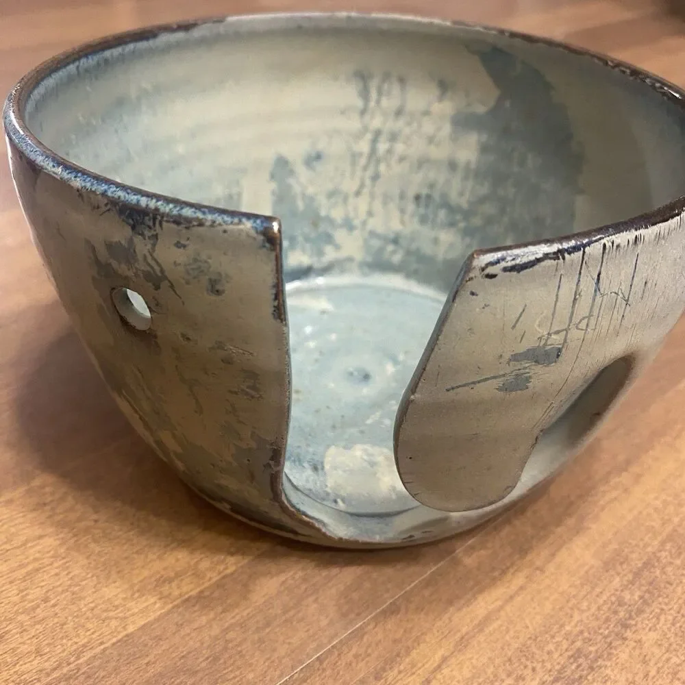 Signed Studio Pottery Ceramic Yarn Bowl Knitting Crochet Blue Green Handmade 6